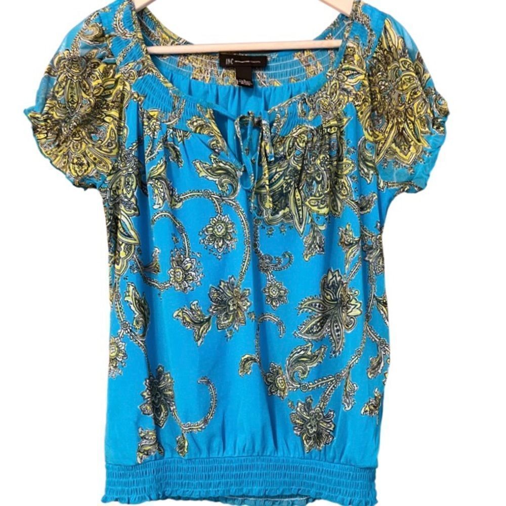 INC International Concepts Bohemian Teal With Yellow Floral Peasant Blouse